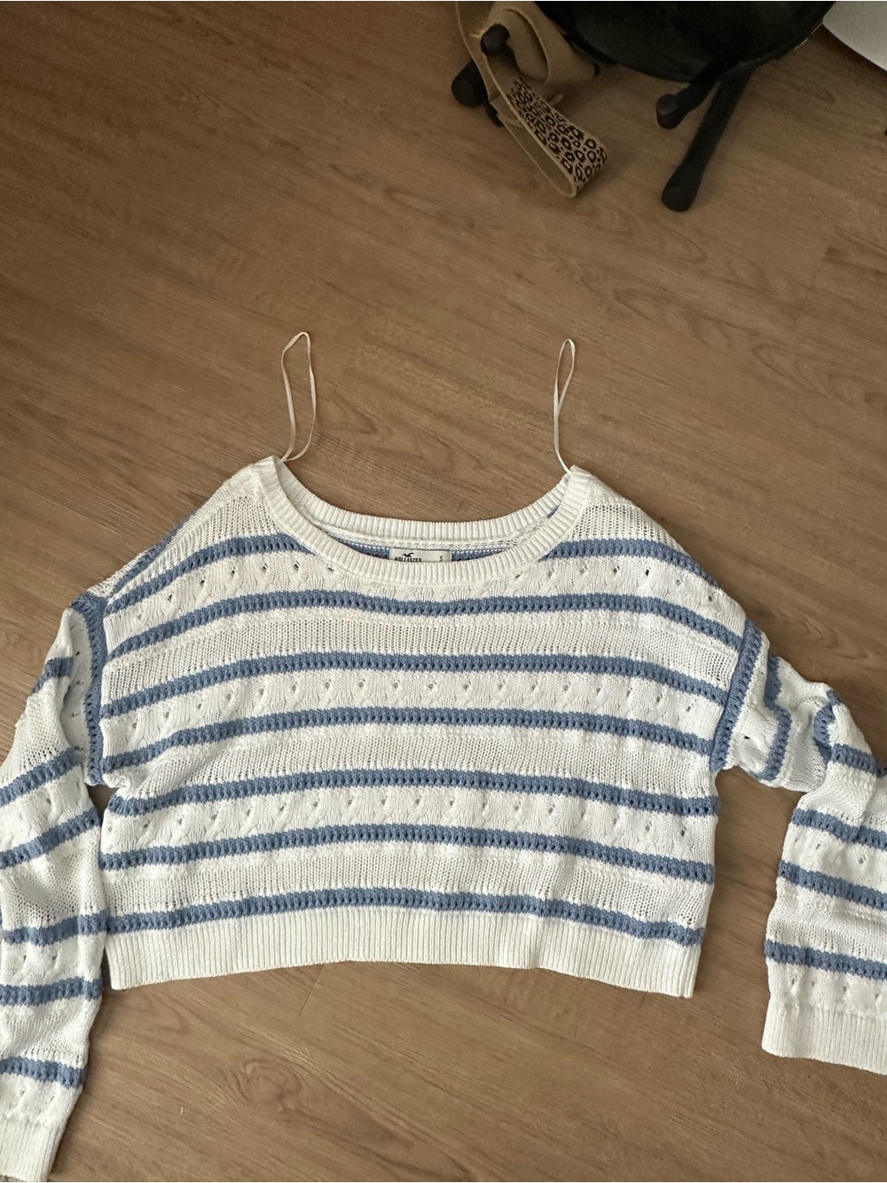 Hollister Cropped Off-the-Shoulder Knit Sweater in White and Light Blue